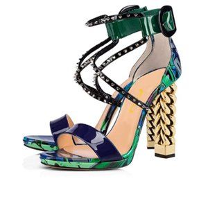 FSJ Gold Metal Chain Heel Ankle Strap Sandal